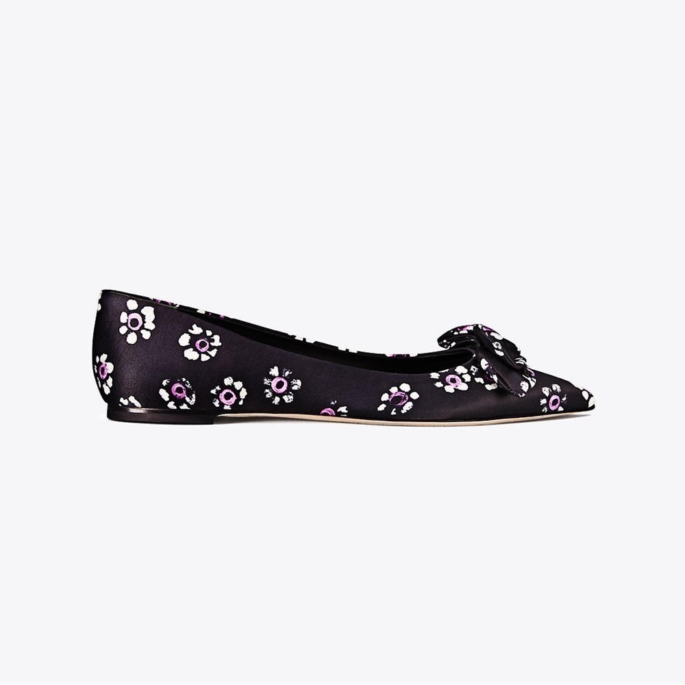Tory Burch Rosalind Satin Ballet Flat In Black Stamped Floral Size 8 - Picture 2 of 7